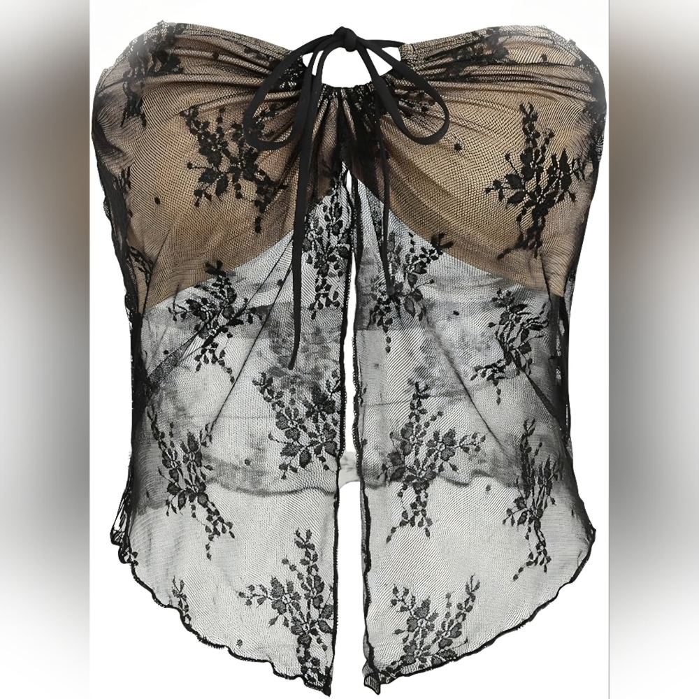 Elegant Black And Tan Lace Halter Bralette Size XS - Picture 1 of 4